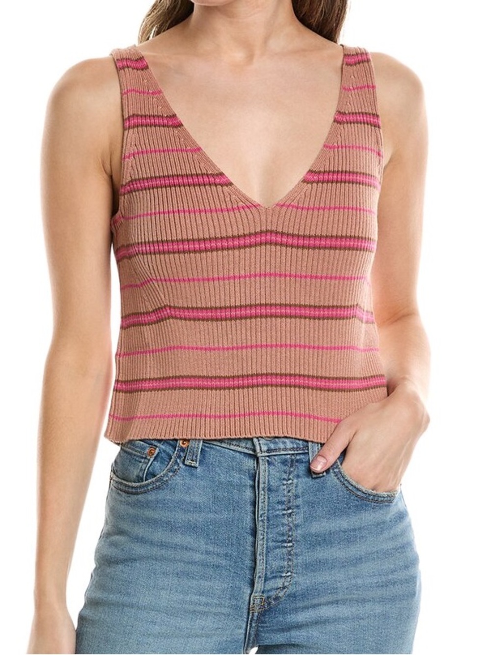 Nation LTD Haru Striped Ribbed V-Neck Tank - Tan, Pink & Brown